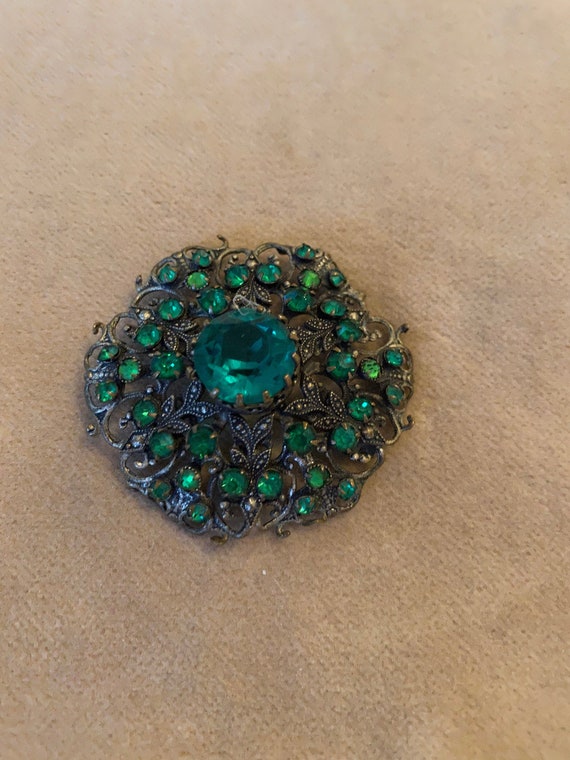 1930's Vintage Filigree Brooch, Green