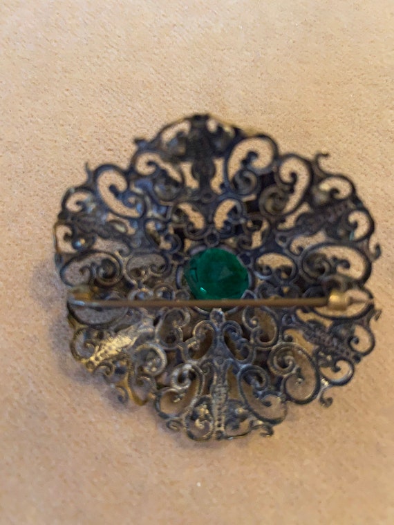 1930's Vintage Filigree Brooch, Green - image 2