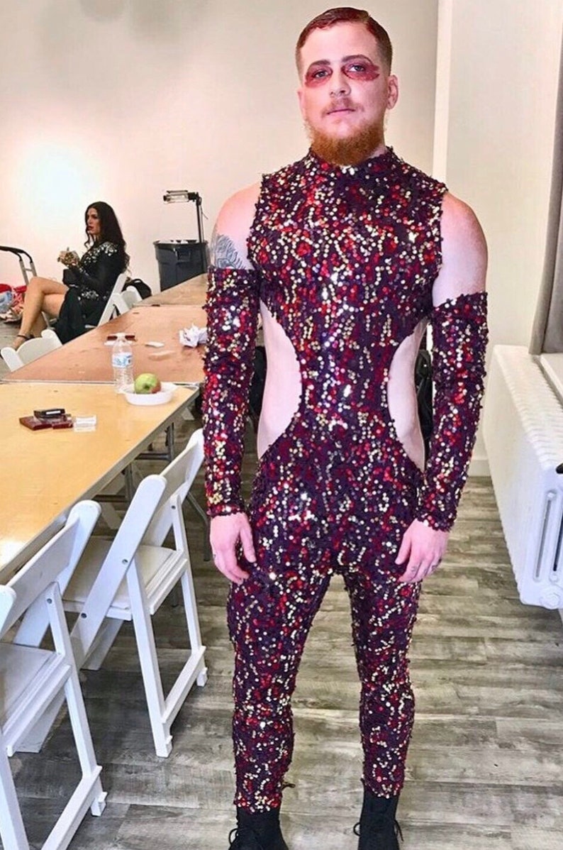 VIOLET Purple Mens sequined onesie bodysuit jumpsuit cut Etsy
