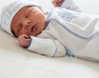 Conjunto para bebé niño para salir del hospital, mameluco con monograma, regalo personalizado para bebé, pijama enterizo con monograma, fotos de recién nacido, ribete picot con monograma para niño