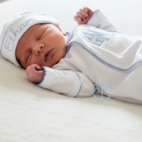Baby Boy Coming Home Outfit, Monogrammed Romper, Personalized Baby Gift, Monogrammed Footie, Newborn Pictures, Picot Trim Boy Monogram