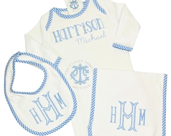 Baby Boy Monogram Bib Burp Cloth Gown Set, Baby boy gift, Baby boy coming home gown, Monogram baby gown, monogram baby set, Baby Set