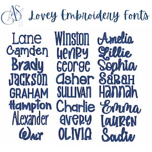 Puede incluir: Una lista de nombres populares en un estilo de fuente de bordado azul. Los nombres incluyen Lane, Camden, Brady, Jackson, Graham, Hampton, Alexander, Walt, Winston, Henry, George, Asher, Sullivan, Charlie, Avery, Olivia, Amelia, Lillie, Sophia, Sarah, Hannah, Emma, Lauren, Sadie.