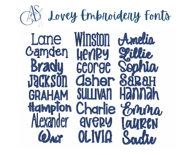 Puede incluir: Una lista de nombres populares en un estilo de fuente de bordado azul. Los nombres incluyen Lane, Camden, Brady, Jackson, Graham, Hampton, Alexander, Walt, Winston, Henry, George, Asher, Sullivan, Charlie, Avery, Olivia, Amelia, Lillie, Sophia, Sarah, Hannah, Emma, Lauren, Sadie.