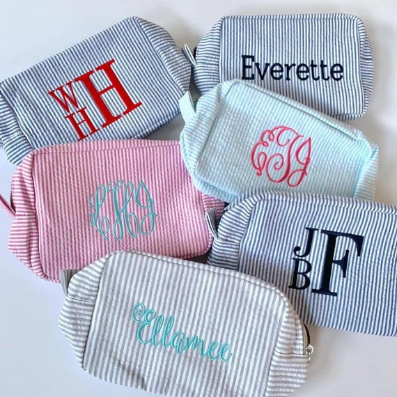 Personalized Monogrammed Seersucker Cosmetic Bag, Monogrammed Toiletry Bag Women, Women's Personalized Travel Toiletry Bag, Ballet Shoe Bag