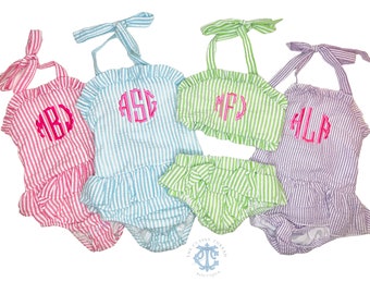 Girls Seersucker Swimsuit, Monogrammed Swimsuit, Monogrammed Seersucker Swimsuit, Baby Seersucker Swimsuit, bikini and one piece