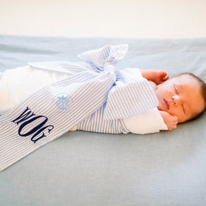 Monogrammed Newborn Baby Seersucker Bow Sash  Maternity Photography Prop, Monogrammed Newborn Wrap, Baby Photo Prop, Big Bow