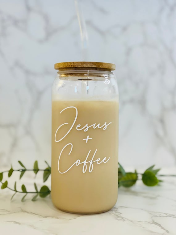 Jesus + Coffee Glass, Cup 16oz, Christian Gifts, Iced Coffee Cup, Reusable Glass Cup Bamboo Lid, Glass with Straw, Christian Gift Tumbler