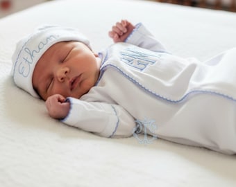 Baby Boy Coming Home Outfit, Monogrammed Romper, Personalized Baby Gift, Monogrammed Footie, Newborn Pictures, Picot Trim Boy Monogram