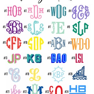 May include: A chart of 24 different monogram fonts, each with a unique style and color. The fonts are numbered 1 through 24 and are displayed in rows of four. The fonts are a mix of uppercase and lowercase letters.