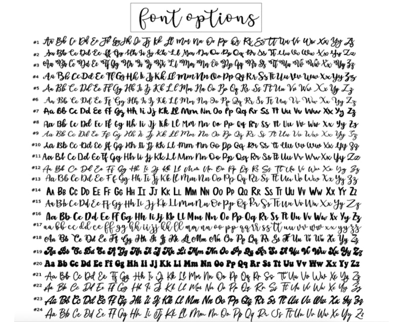 May include: A chart of different font styles, labeled with numbers 1 through 24. Each font style is shown with the letters A through Z in lowercase and uppercase.