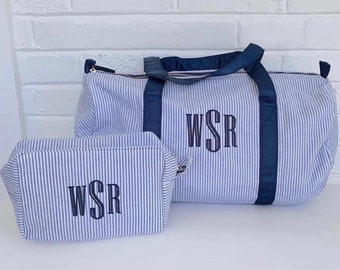 Monongrammed Personalized Seersucker Duffle Barrel Bag, Preppy Children's Travel Bag, Ballet, Sports, Sleepovers, Daycare, Weekend Overnight