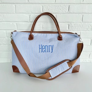 Monogrammed Personalized Seersucker Weekender Travel Bag, Duffel Bag, Seersucker Overnight Bag, Personalized Luggage, Hospital Bag