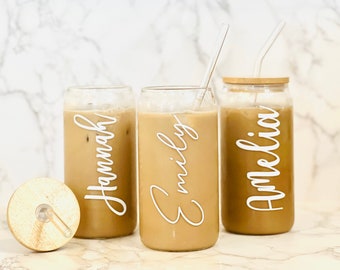 Personalized Name Iced Coffee Cup Soda Beer Can Glass with Lid and Glass Straw, Gift for Friends Bridesmaid Proposal Coffee Glass Beer Glass