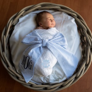Monogrammed Newborn Baby Seersucker Bow Sash  Maternity Photography Prop, Monogrammed Newborn Wrap, Baby Photo Prop, Big Bow