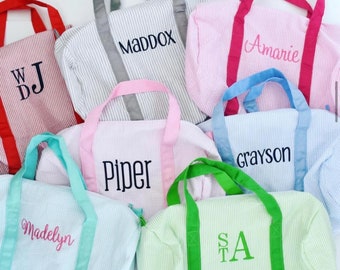 Monongrammed Personalized Seersucker Duffle Barrel Bag, Preppy Children's Travel Bag, Ballet, Sports, Sleepovers, Daycare, Weekend Overnight