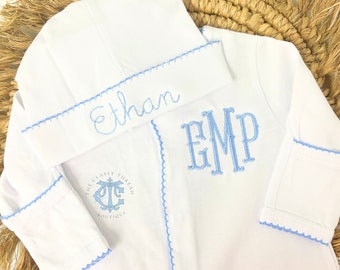 Baby Boy Coming Home Outfit, Monogrammed Romper, Personalized Baby Gift, Monogrammed Footie, Newborn Pictures, Picot Trim Boy Monogram