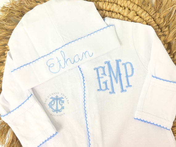 Baby Boy Coming Home Outfit, Monogrammed Romper, Personalized Baby Gift, Monogrammed Footie, Newborn Pictures, Picot Trim Boy Monogram