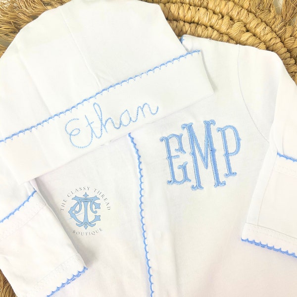 Baby Boy Coming Home Outfit, Monogrammed Romper, Personalized Baby Gift, Monogrammed Footie, Newborn Pictures, Picot Trim Boy Monogram