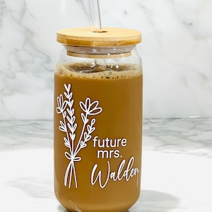 Personalized Future Mrs Glass Can Cup Floral, Custom Engagement Gift, Bridal Shower Gift, Bride To Be, Custom Name Tumbler, 16 oz Straw Lid