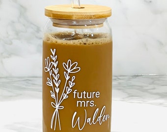 Personalized Future Mrs Glass Can Cup Floral, Custom Engagement Gift, Bridal Shower Gift, Bride To Be, Custom Name Tumbler, 16 oz Straw Lid