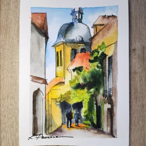 Akwarela „Europejski pejzaż miejski” – mała, 10 x 15 cm, podpisany oryginał na papierze, 13 x 18 cm