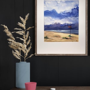 Dipinto originale ad acquerello di paesaggio marino, paesaggio di spiaggia tempestosa, decorazione murale costiera, decorazione per la casa con cielo blu oceano, regalo per gli amanti della spiaggia