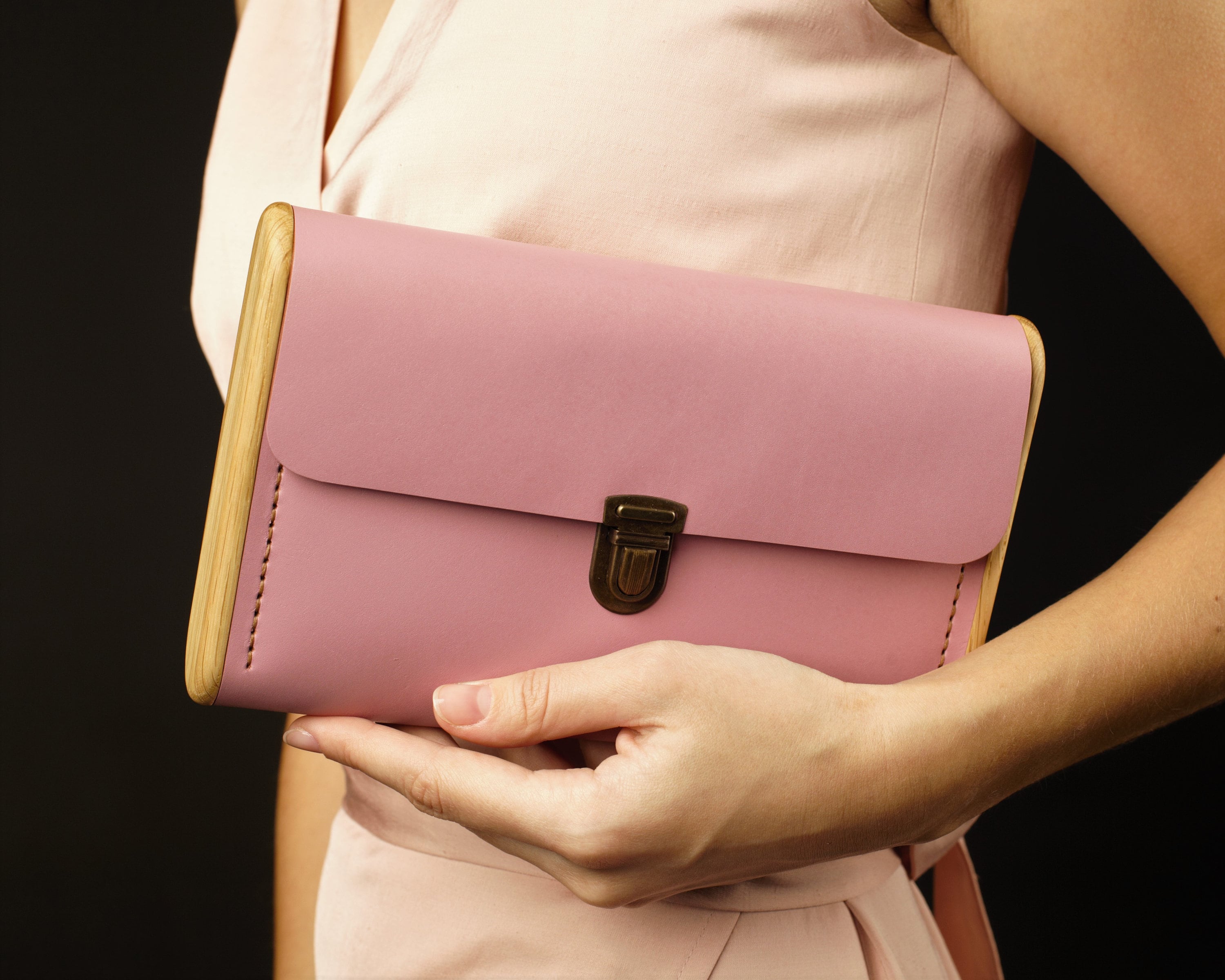 Pink clutch bag made by hand of genuine leather and wood Etsy