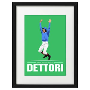 May include: A green poster with a white frame featuring a cartoon illustration of a jockey in a blue and white racing suit with his arms raised in celebration. The text "HORSE RACING LEGEND" and "DETTORI" is printed in white on the poster.