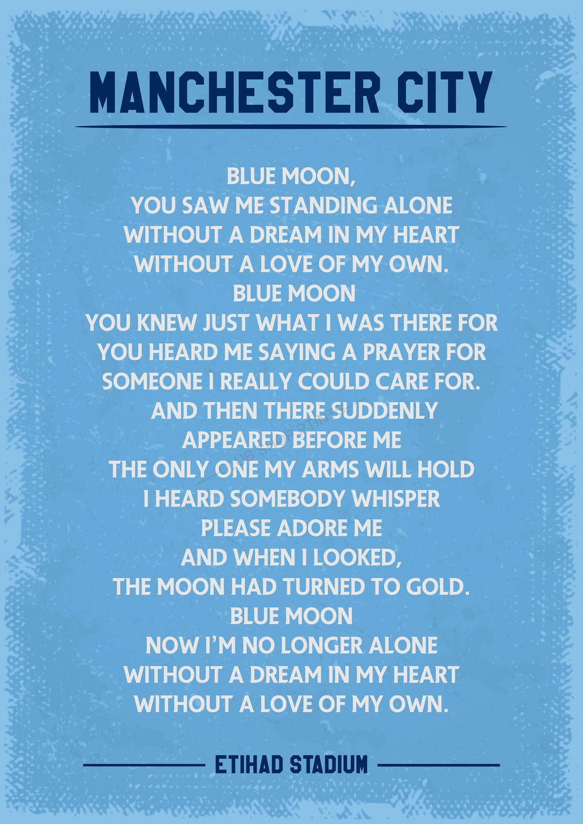 Manchester City Blue moon lyrics art print Etsy