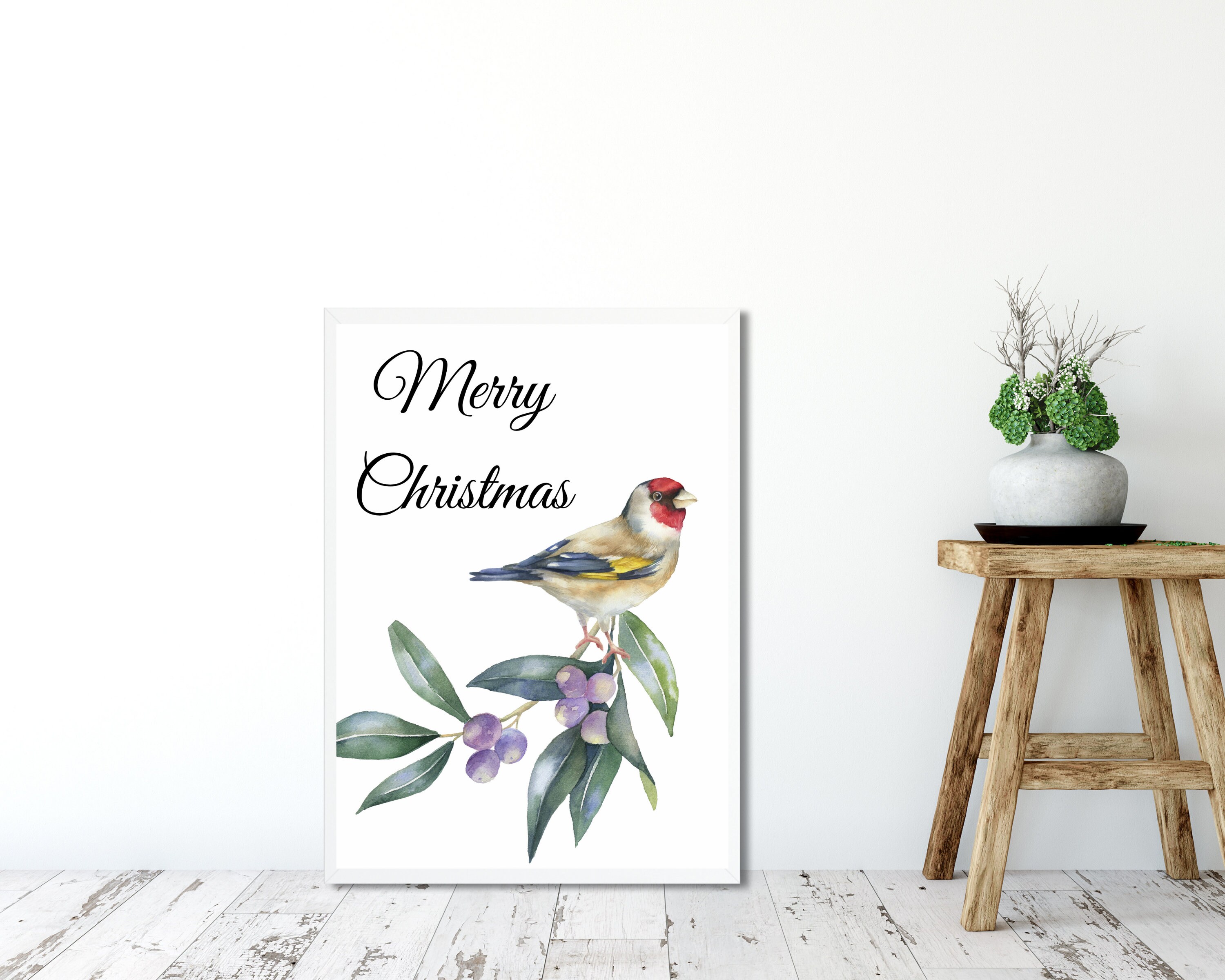 Merry Christmas Bird Christmas PrintBird on Branch Wall | Etsy