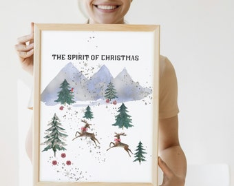 Winter Reindeer Christmas Print,Winter Scene Print,Christmas Printables,Christmass Tree Print,Winter Print,Christmas Deer Print,Winter Decor