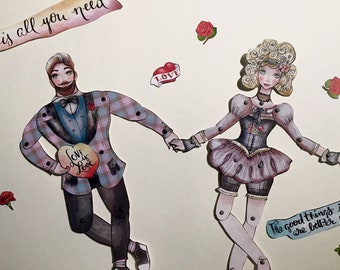 The two lovers, articulated paper dolls, collectible dolls, Saint Valentine's dolls, DIY projects
