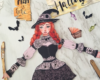 Halloween witch, paper doll, articulated paper doll, collectible doll