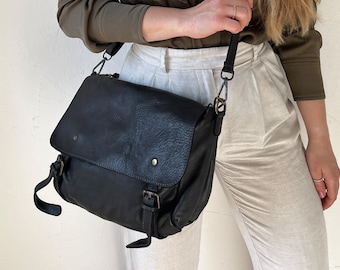 Sac besace en cuir noir, sac à bandoulière, sac à main en cuir lavé, sac à bandoulière en cuir, sac en cuir fait main, cadeau pour femme, cadeau pour elle