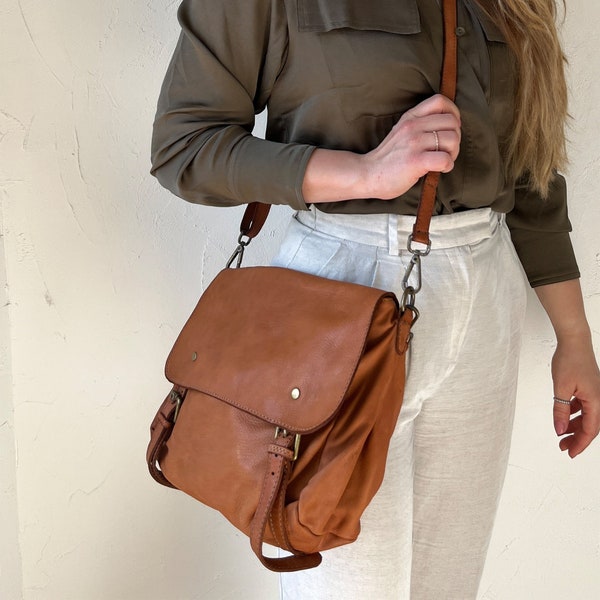 Leather messenger bag, crossbody bag, washed leather handbag, leather shoulderbag brown, handmade leather bag, gift for women, gift for her