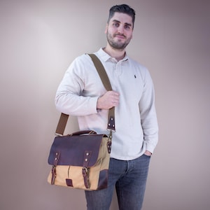 Canvas & leather briefcase, personalized shoulder bag, messenger bag vintage look, laptop bag 15”, birthday present
