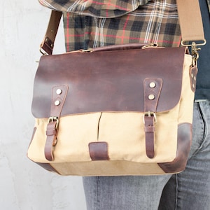 Porte-documents en toile et cuir, sac à bandoulière personnalisé, sac messager look vintage, sac pour ordinateur portable 15", cadeau d'anniversaire