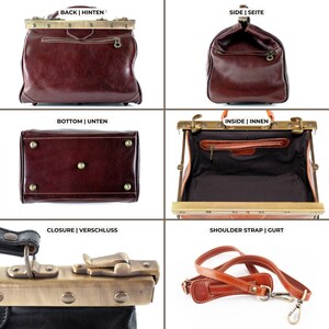 May include: A brown leather doctor's bag with brass hardware, shown from multiple angles. Features include a top handle, a zippered interior pocket, and a detachable shoulder strap. The bag has a classic, vintage aesthetic.