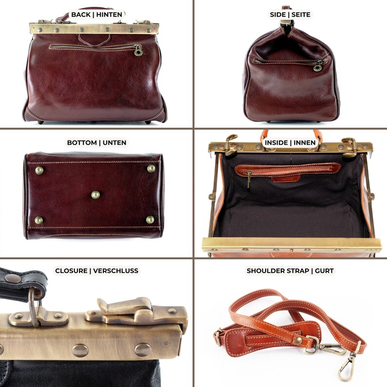 May include: A brown leather doctor's bag with brass hardware, shown from multiple angles. Features include a top handle, a zippered interior pocket, and a detachable shoulder strap. The bag has a classic, vintage aesthetic.
