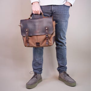 Canvas & leather briefcase, personalized shoulder bag, messenger bag vintage look, laptop bag 15”, birthday present
