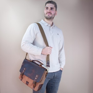 Canvas & leather briefcase, personalized shoulder bag, messenger bag vintage look, laptop bag 15”, birthday present