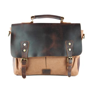 Porte-documents en toile et cuir, sac à bandoulière personnalisé, sac messager look vintage, sac pour ordinateur portable 15", cadeau d'anniversaire