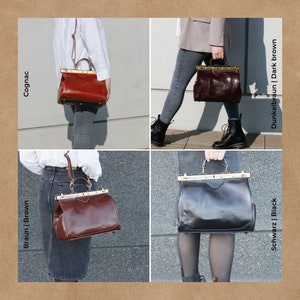 May include: Four leather handbags in different colors: cognac, dark brown, brown, and black. Each bag has a gold-colored clasp and handle. The bags are shown in a grid, each held by a person.