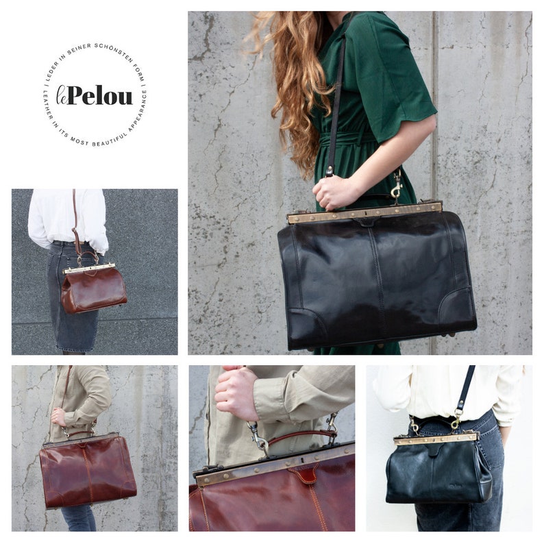 May include: A collection of leather satchel bags in various shades of brown and black. The bags feature a rectangular shape with a metal clasp closure and a shoulder strap. The bags are displayed against a neutral background.