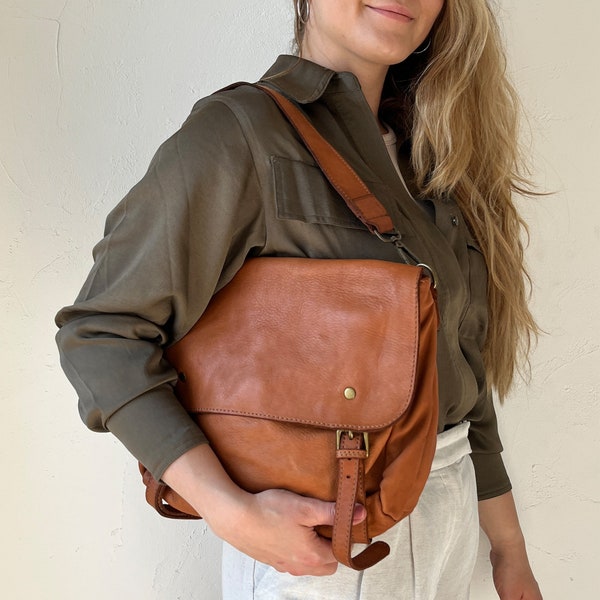 Leather messenger bag brown, crossbody bag, washed leather handbag, leather shoulderbag, handmade leather bag, gift for women, gift for her