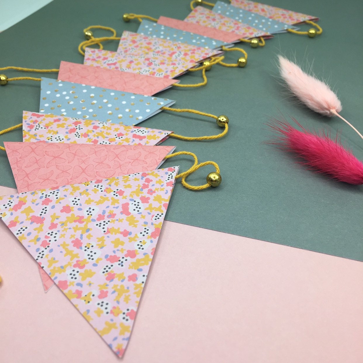 Guirlande de Fanions Multicolores en Papier et Perles Dorées Corail, Imprimés Floraux, Papillons Poi