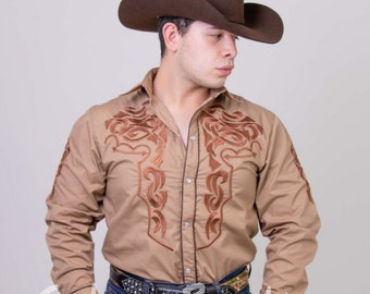 Men's Kaki Embroidered Long Sleeve Western Shirt, Mens Western Cowboy Shirt Embroidered Button Down Shirt, Camisa Vaquera, Camisa Charra