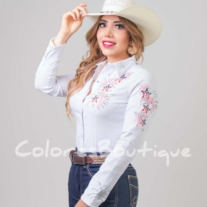 Patriotic Western Shirt, Western Shirt Women, Mexican Shirt, Western Button Up Shirt Women, Western Blouse Women, Western Embroidered Shirt