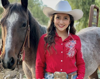 Red Patriotic Western Shirt, Women&#39;s Western Shirt , Bling Western Button Up Shirt Women, Western Blouse Women, Western Embroidered Shirt